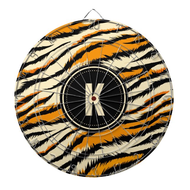 Black Orange Tiger Stripes Pattern Monogram Dart Board (Front)