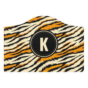 Black Orange Tiger Stripes Pattern Monogram Door Sign