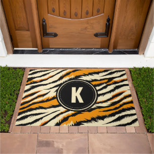 Black Orange Tiger Stripes Pattern Monogram Doormat