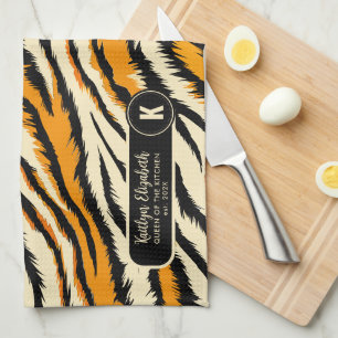 Black Orange Tiger Stripes Pattern Monogram Kitchen Towel