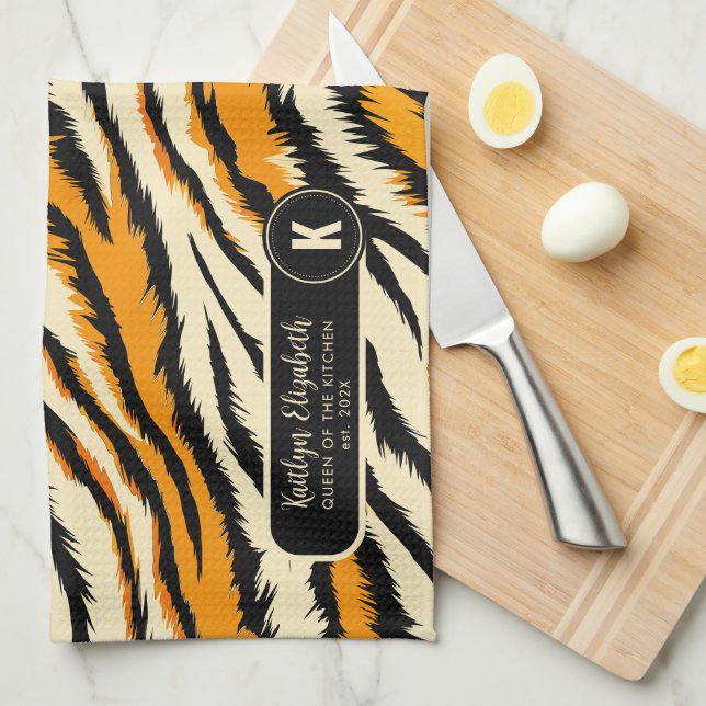 Black Orange Tiger Stripes Pattern Monogram Kitchen Towel (Quarter Fold)