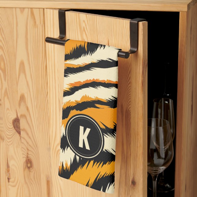 Black Orange Tiger Stripes Pattern Monogram Kitchen Towel (Thirds Fold)