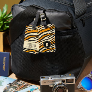 Black Orange Tiger Stripes Pattern Monogram Luggage Tag