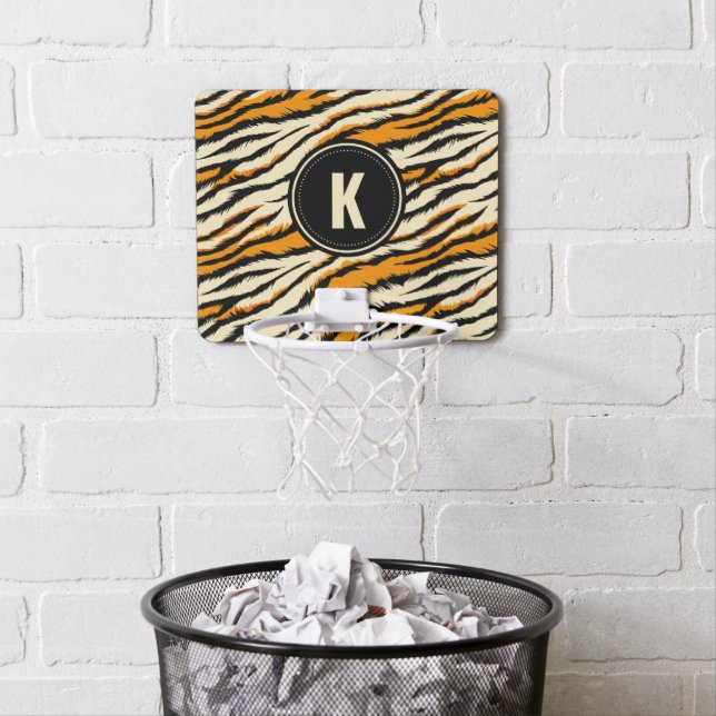 Black Orange Tiger Stripes Pattern Monogram Mini Basketball Hoop (In Situ)