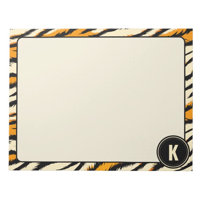 Black Orange Tiger Stripes Pattern Monogram Notepad (Front)