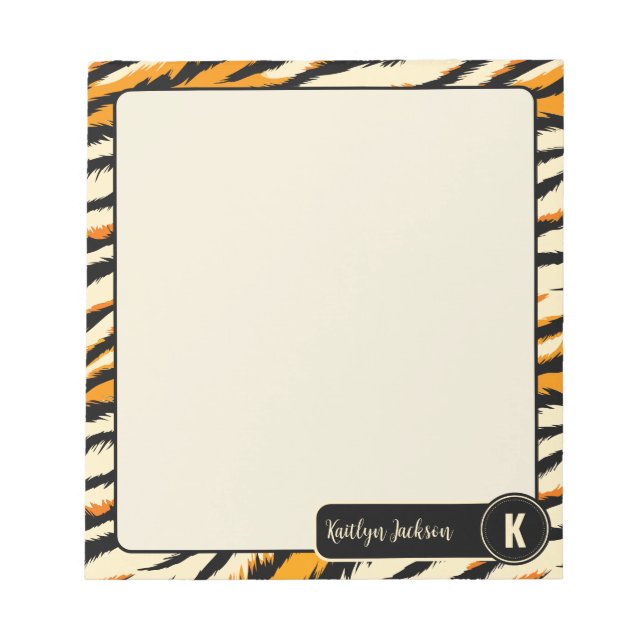 Black Orange Tiger Stripes Pattern Monogram Notepad (Front)