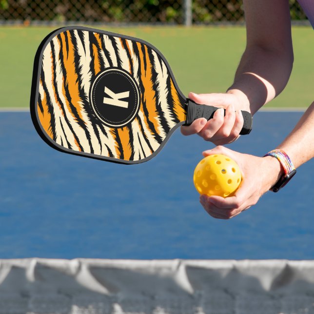 Black Orange Tiger Stripes Pattern Monogram Pickleball Paddle (Insitu)