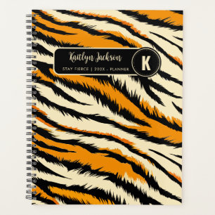 Black Orange Tiger Stripes Pattern Monogram Planner
