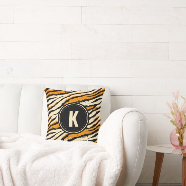 Black Orange Tiger Stripes Pattern Monogram Throw Pillow (Couch)