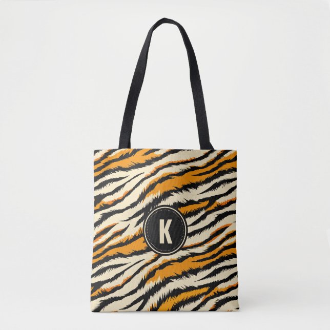 Black Orange Tiger Stripes Pattern Monogram Tote Bag (Front)