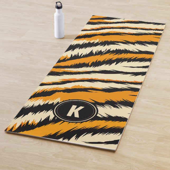 Black Orange Tiger Stripes Pattern Monogram Yoga Mat (In Situ)