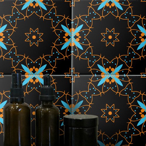Black Orange Turquoise Arabesque Mosaic Pattern Ceramic Tile