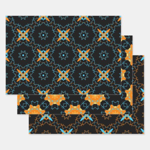 Black Orange  Turquoise Arabesque Mosaic Patterns Wrapping Paper Sheets