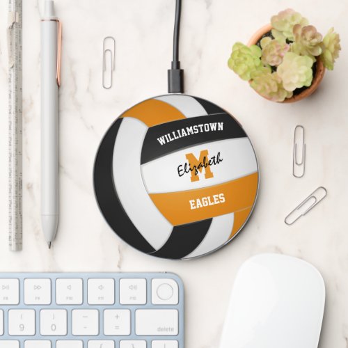 black orange volleyball athlete name monogram wireless charger 