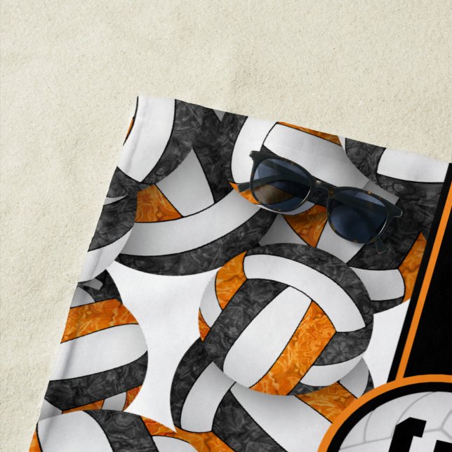 Black orange volleyball pattern her jersey number  beach towel (In Situ)