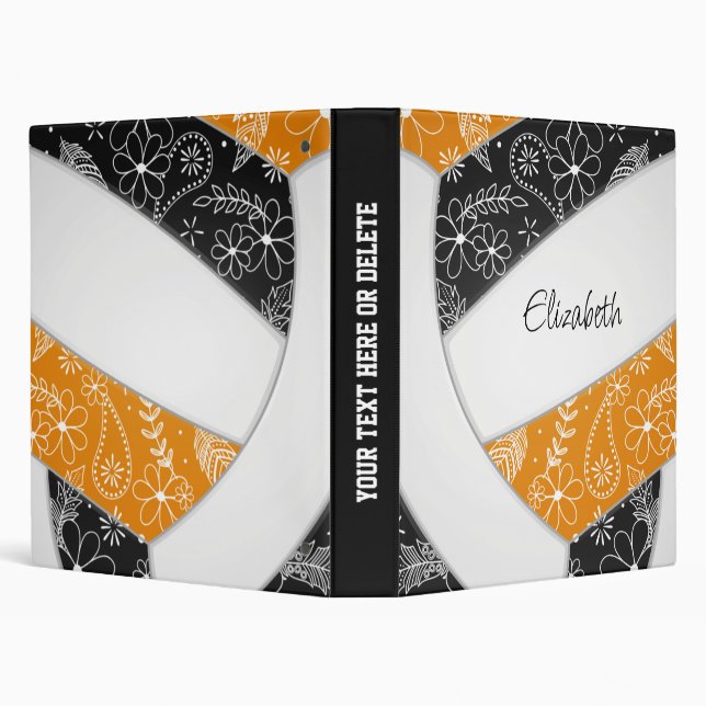black orange w flowers paislies boho volleyball 3 ring binder (Background)