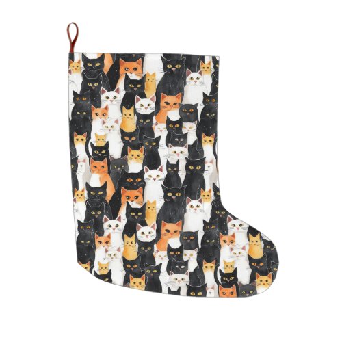 Black Orange White Cats Large Christmas Stocking