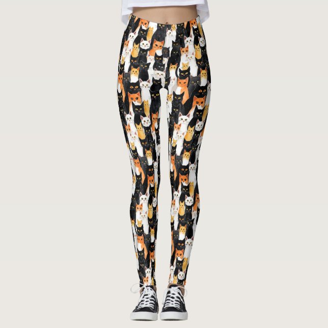 Black Orange White Cats Leggings (Front)