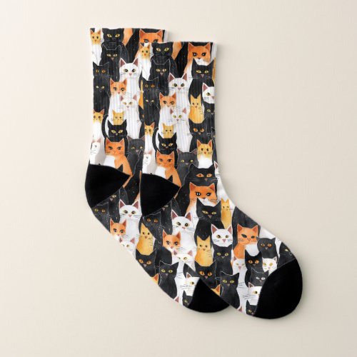 Black Orange White Cats Socks