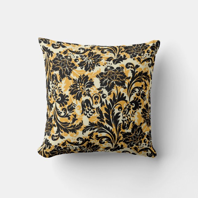 Black Orange & White Floral Damasks Throw Pillow (Front)