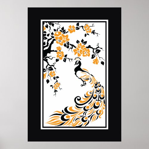 Black orange white peacock and cherry blossoms poster