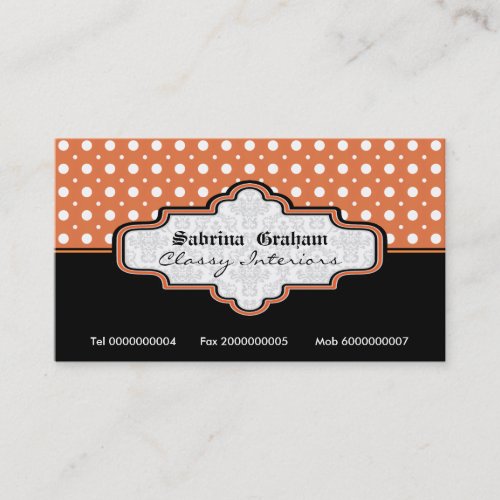 Black orange white polka dot interiors business card