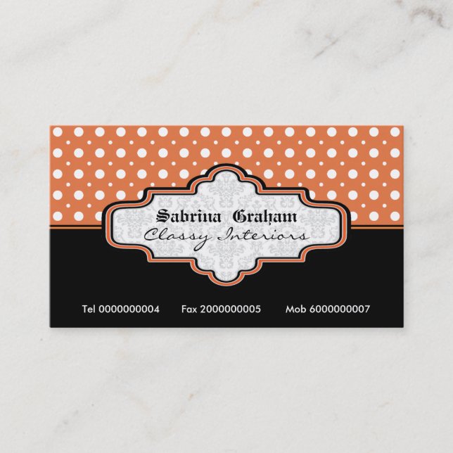 Black orange white polka dot interiors business card (Front)