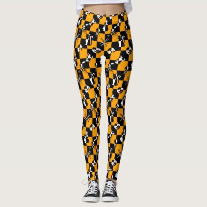 Black Orange & White Vintage Halloween Disco Check Leggings