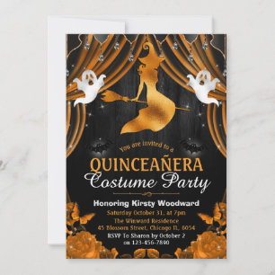 Black & Orange Witch & Shimmer Curtain Quinceañera Invitation