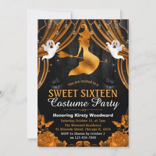 Black  Orange Witch  Shimmer Curtains Sweet 16 Invitation