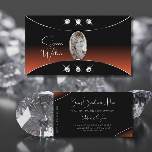 Black Orange with Silver Decor Diamonds and Photo Business Card