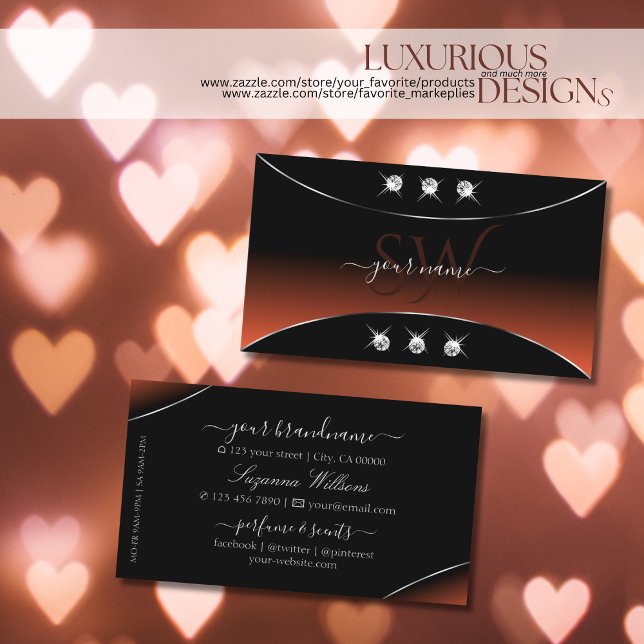 Black Orange with Silver Decor Jewels and Monogram Business Card (Creator Uploaded)