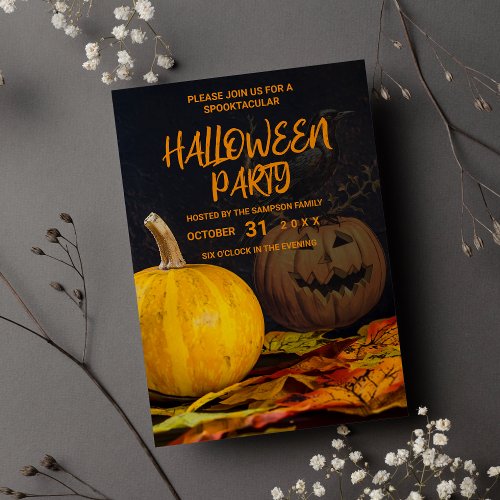 Black orange yellow halloween pumpkin bird invitation