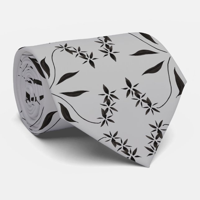 Black Orchid Abstract Flower Pattern Neck Tie (Rolled)