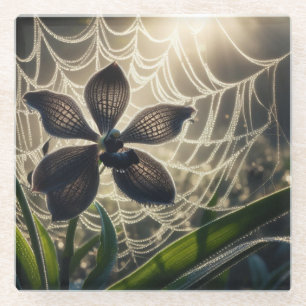 Black Orchid Spiderweb Floral Glass Coaster