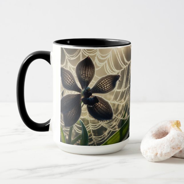 Black Orchid Spiderweb Floral Mug (With Donut)