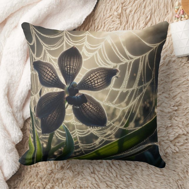 Black Orchid Spiderweb Floral Throw Pillow (Blanket)