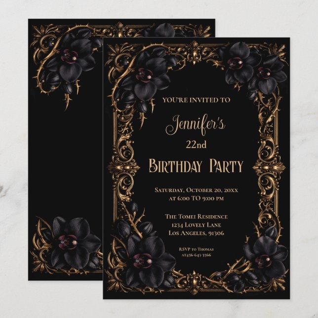Black orchids Gothic Floral Birthday Invitation (Front/Back)