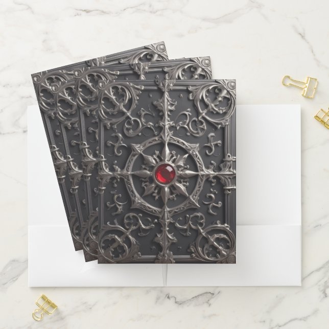 Black Ornamental Gothic Embossed Red Rubis Pocket Folder (In Situ)