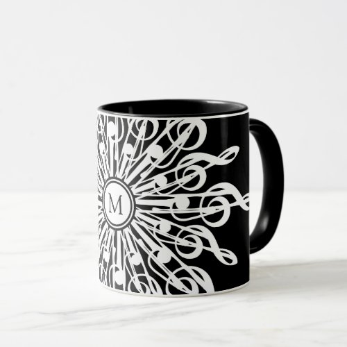 Black Ornamental Treble Clef Monogram Mug