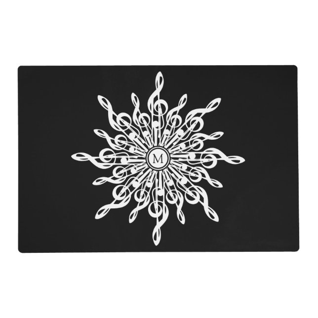 Black Ornamental Treble Clef Monogram Placemat (Front)