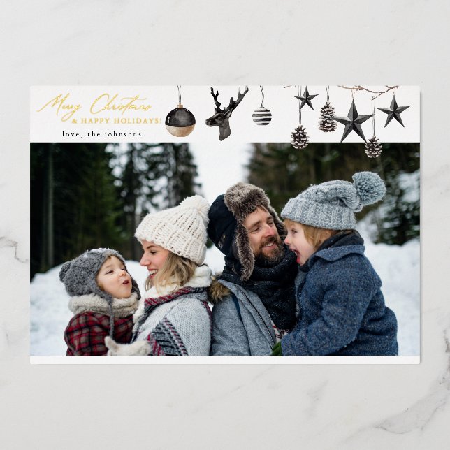 Black Ornaments & Para Photo Merry Christmas Foil Invitation (Front)