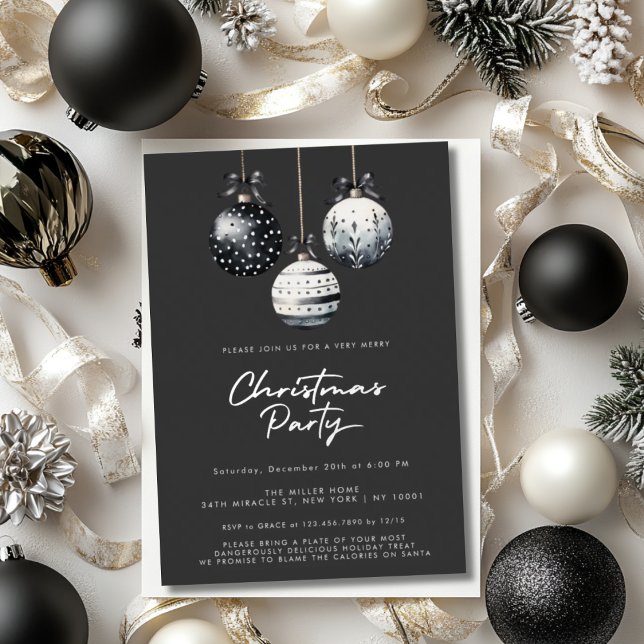 Black Ornaments Silver Christmas Party Invitations (Creator Uploaded)