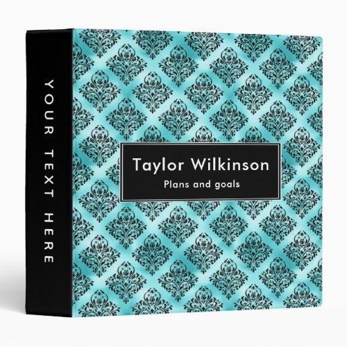 Black Ornate Damask on Turquoise Blue 3 Ring Binder