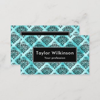 Black Ornate Damask On Turquoise Blue Business Card by KirstyLouiseDesigns at Zazzle