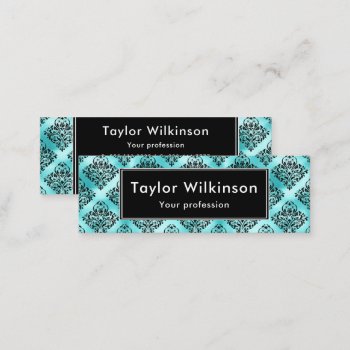 Black Ornate Damask On Turquoise Blue Mini Business Card by KirstyLouiseDesigns at Zazzle