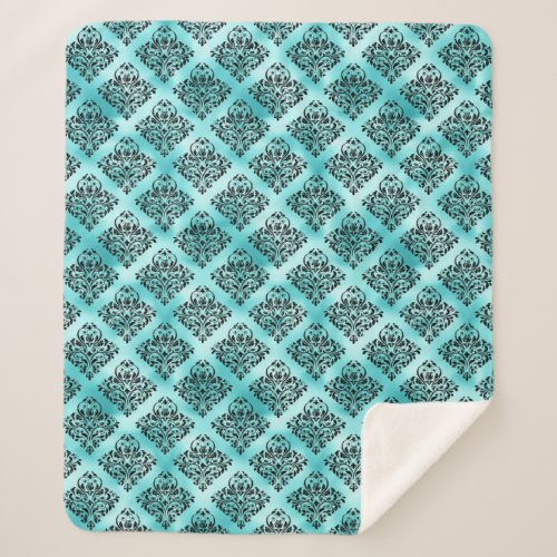 Black Ornate Damask on Turquoise Blue Sherpa Blanket