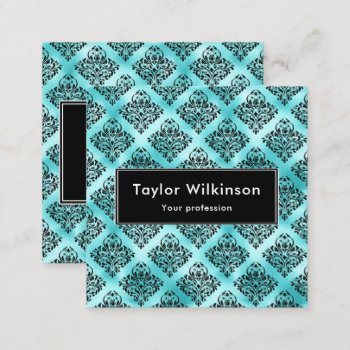 Black Ornate Damask On Turquoise Blue Square Business Card by KirstyLouiseDesigns at Zazzle