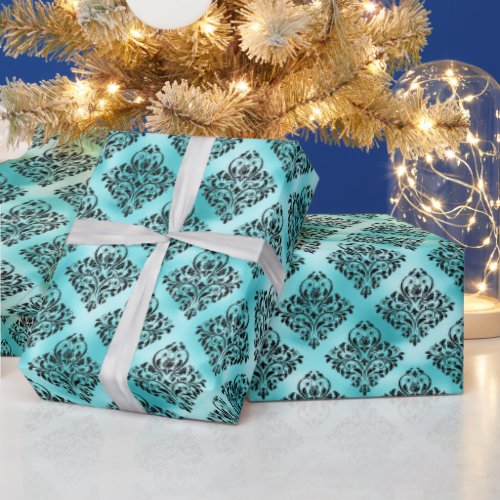 Black Ornate Damask on Turquoise Blue Wrapping Paper