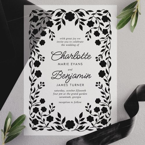 Black Ornate Floral Border Frame Wedding Vellum Invitations